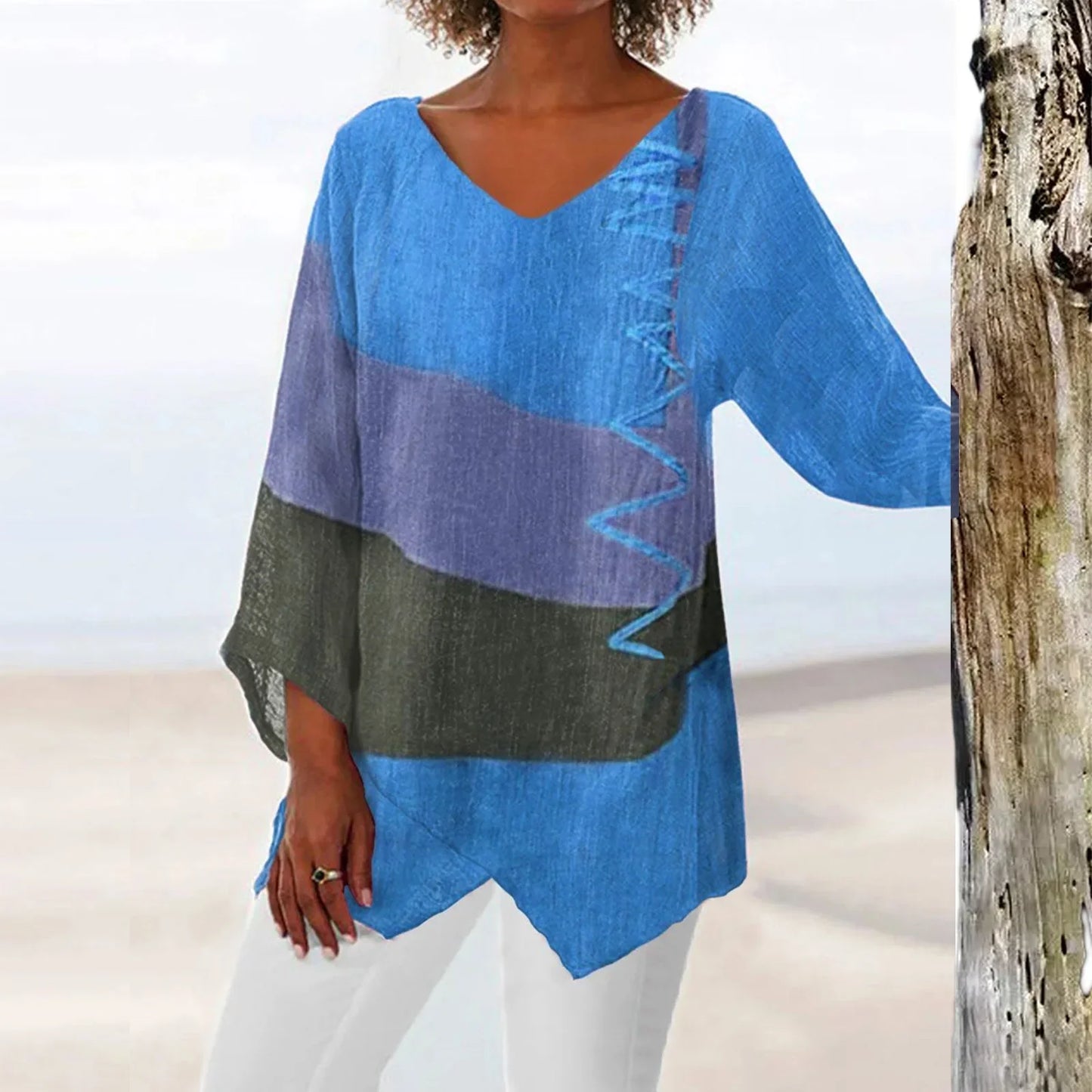 Damen T-Shirt Langarmshirt mit V-Ausschnitt im Patchwork-Stil – Trendige Oberteile für jeden Anlass-2