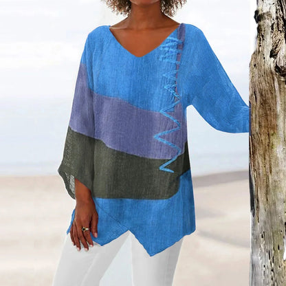 Damen T-Shirt Langarmshirt mit V-Ausschnitt im Patchwork-Stil – Trendige Oberteile für jeden Anlass-2