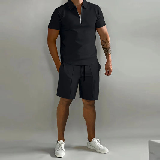 Festes Farbpolo-Hemd Und Vertikale Streifenhosen Set - Lässige Sportkleidung Für Freizeit Und Sport-1