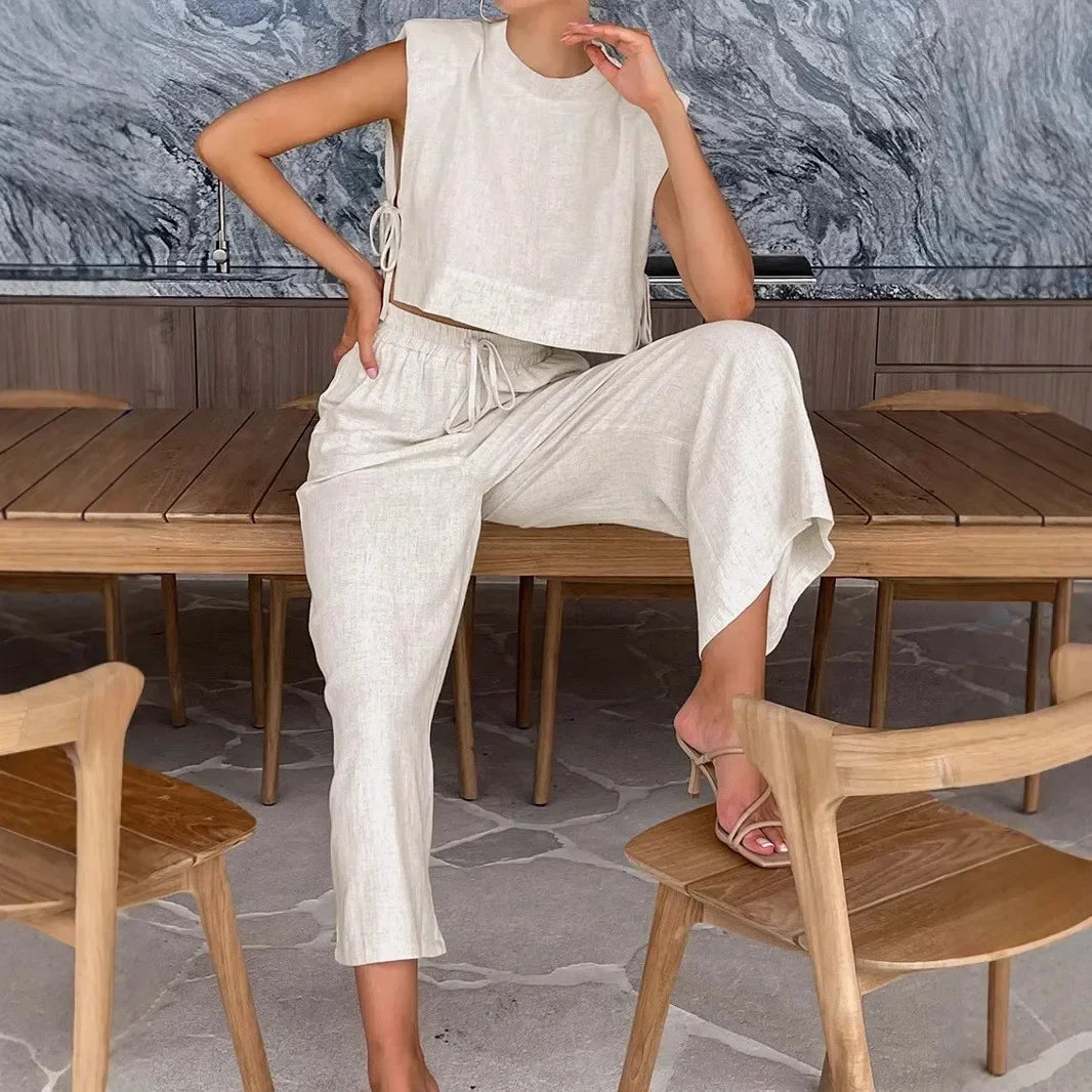 Frauen Leinen Pant Set mit Crop Tops – 2-teiliges Outfit für Damen für den Urlaub-6