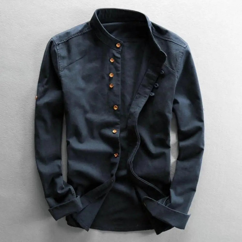 Herren Hemd Langarm Einfarbig Vintage Slim Fit mit Stehkragen und Knöpfen - Herrenhemden Langarm für Jede Gelegenheit
