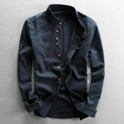 Herren Hemd Langarm Einfarbig Vintage Slim Fit mit Stehkragen und Knöpfen - Herrenhemden Langarm für Jede Gelegenheit