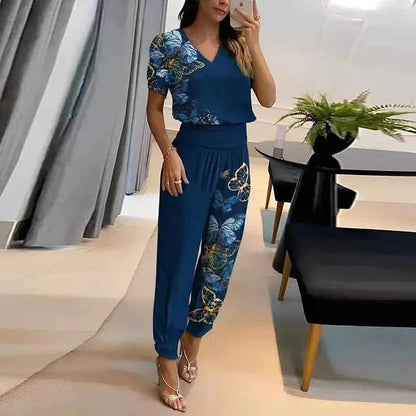 Damen Outfit: Pullover-Shirt und Hosen Set mit Sommer Blumendruck - Komplette Outfits Damen-2