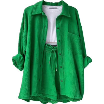 Variant image for Zweiteiliger Modeanzug für Frauen mit Falten-Revers-Hemd und hoch taillierten Shorts, stilvoll und bequem für jeden Anlass-11