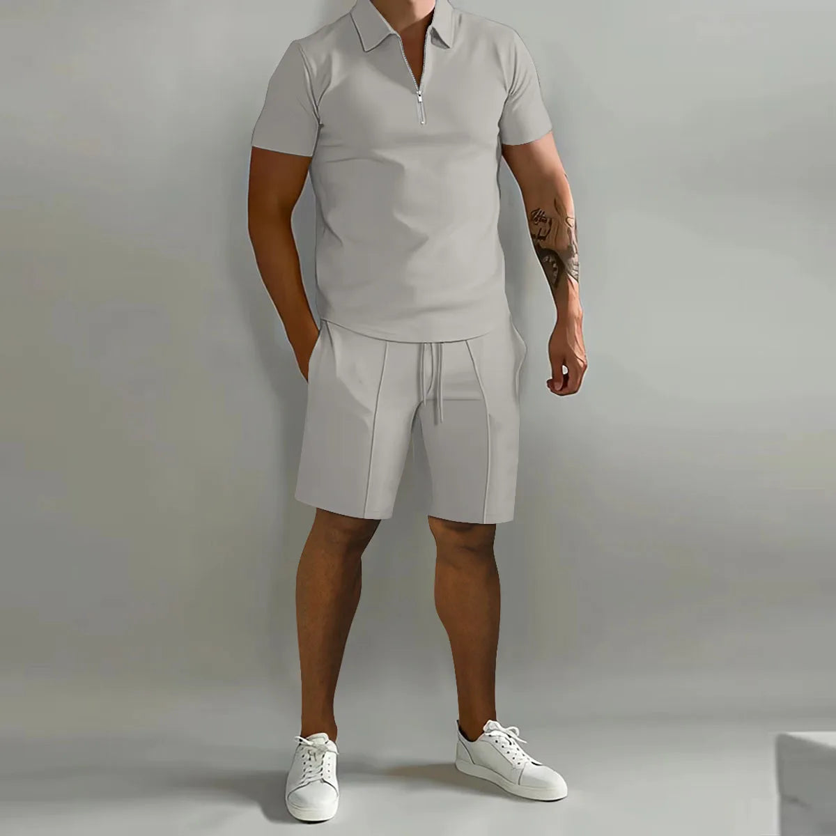 Festes Farbpolo-Hemd Und Vertikale Streifenhosen Set - Lässige Sportkleidung Für Freizeit Und Sport-4