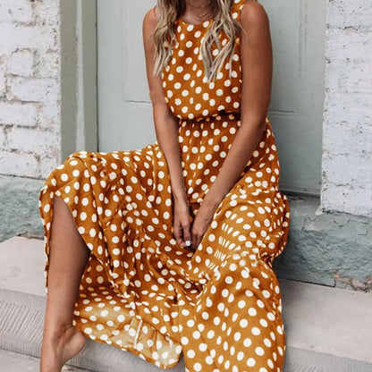 Women’s Polka Dot Maxi Dress Flowing Sleeveless Casual Look