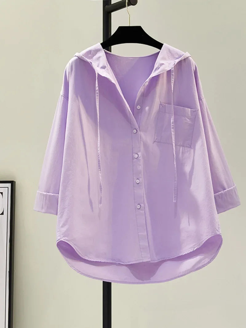 Frauen Bluse Aus Weicher Baumwolle Mit Kapuze In Lässiger Passform-4