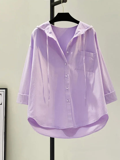 Frauen Bluse Aus Weicher Baumwolle Mit Kapuze In Lässiger Passform-4