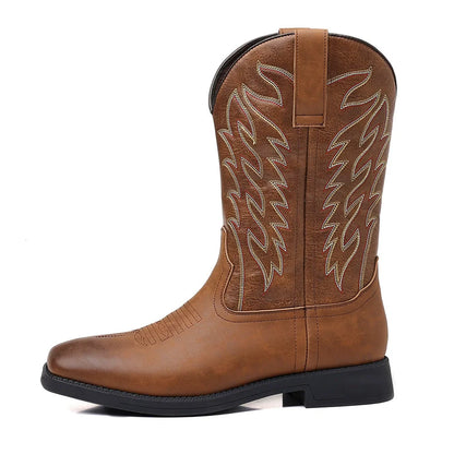 Men’s Western Cowboy Boots Embroidered Classic Mid-Calf Square Toe
