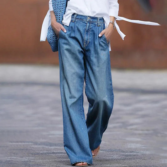 Damenjeans Weitbeinig - Hohe Taille Jeanshose mit Taschen, Trendige Frühlingsmode-1