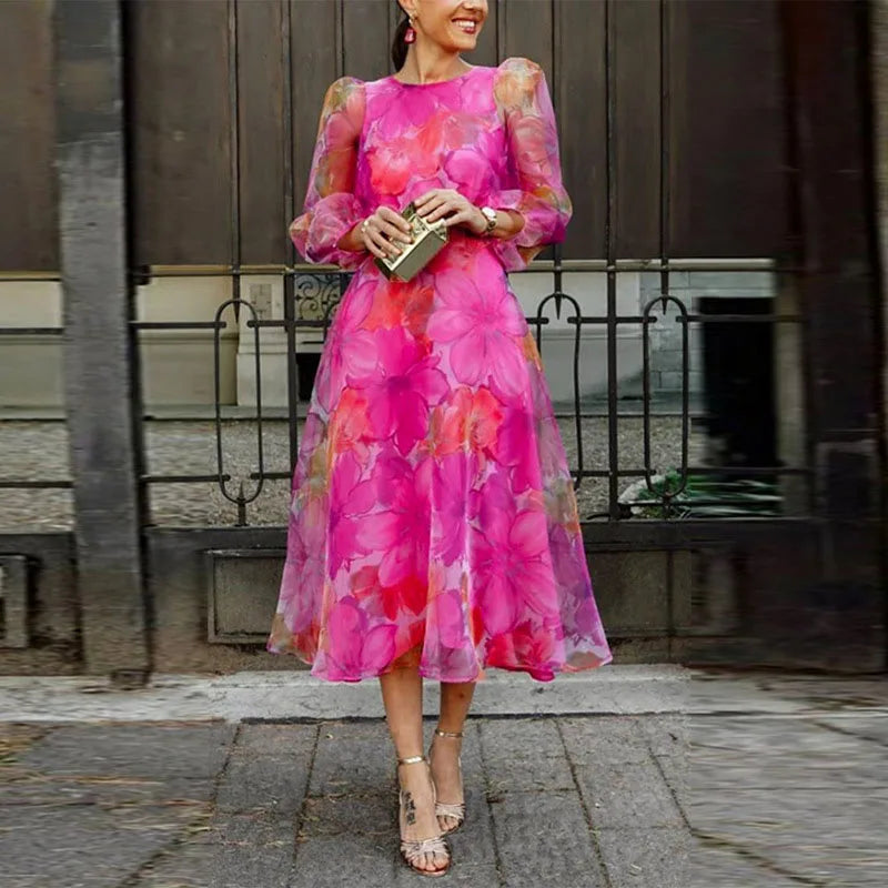Women’s Floral Long-Sleeve Midi Dress Elegant Flowing Fit