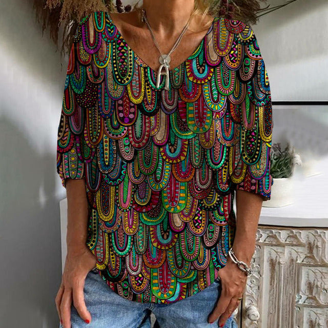 Lässiges V-Ausschnitt Damen T-Shirt mit Abstraktem Druck aus Baumwoll-Polyester-Mischung für Frühling und Sommer-3