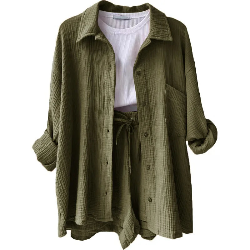 Variant image for Zweiteiliger Modeanzug für Frauen mit Falten-Revers-Hemd und hoch taillierten Shorts, stilvoll und bequem für jeden Anlass-41