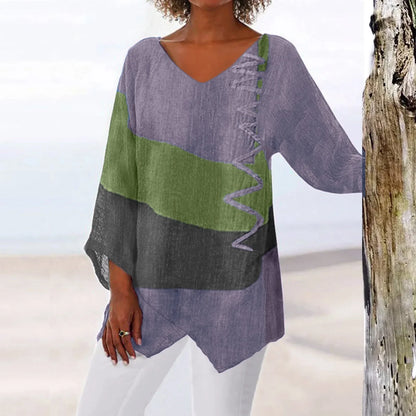 Damen T-Shirt Langarmshirt mit V-Ausschnitt im Patchwork-Stil – Trendige Oberteile für jeden Anlass-6