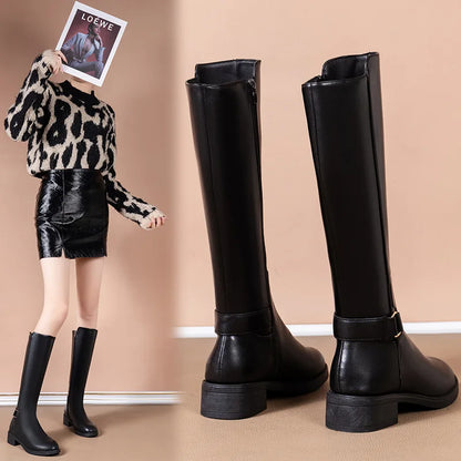 Women’s Black Knee-High Boots Elegant Buckle Detail & Side Zip