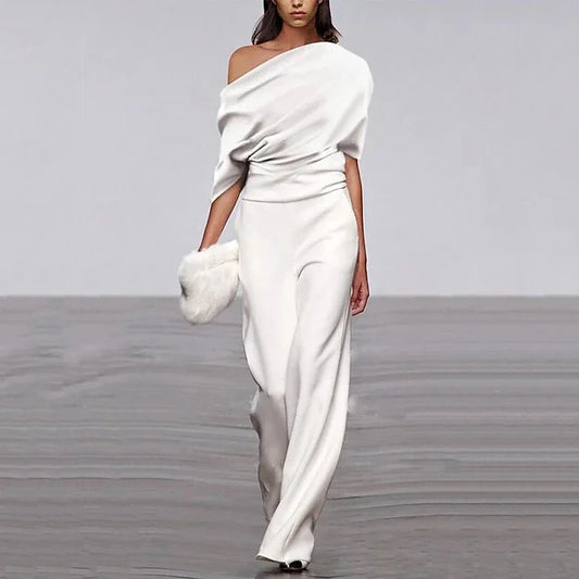 Chic Draped Off-Shoulder Jumpsuit Modern Wide-Leg Elegance
