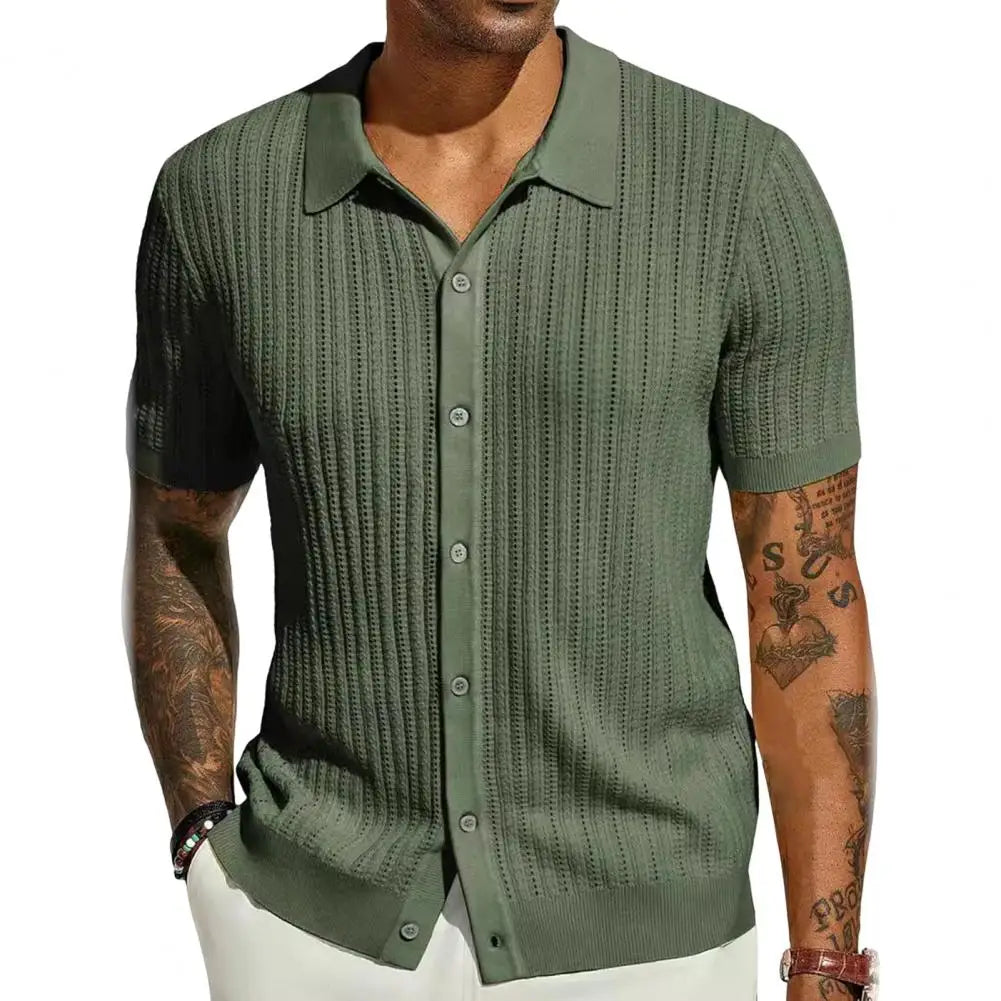 Variant image for Übergrößen Sommer Männer Strickhemd, Atmungsaktives Kurzarm Strandtop mit Hollow-Mesh-Design-11