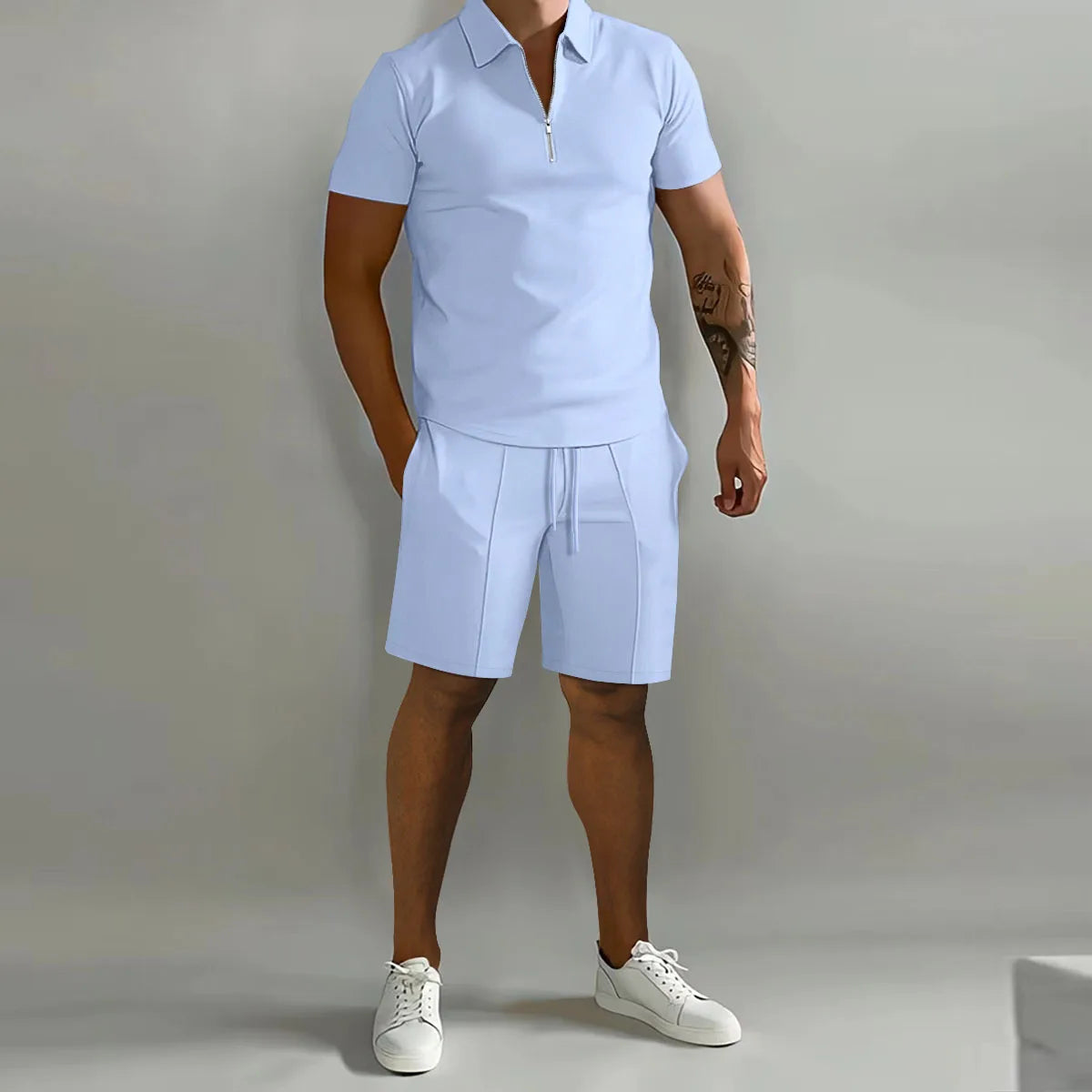 Festes Farbpolo-Hemd Und Vertikale Streifenhosen Set - Lässige Sportkleidung Für Freizeit Und Sport-5