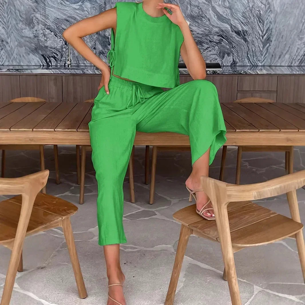 Frauen Leinen Pant Set mit Crop Tops – 2-teiliges Outfit für Damen für den Urlaub-5