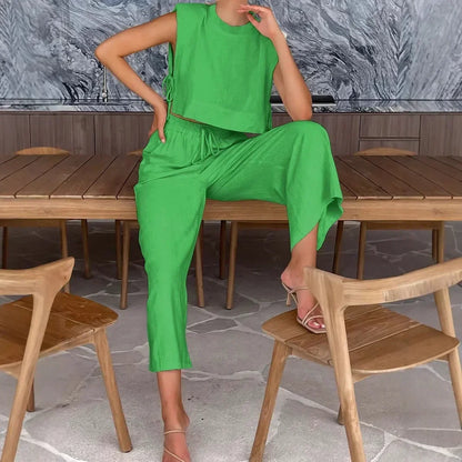 Frauen Leinen Pant Set mit Crop Tops – 2-teiliges Outfit für Damen für den Urlaub-5