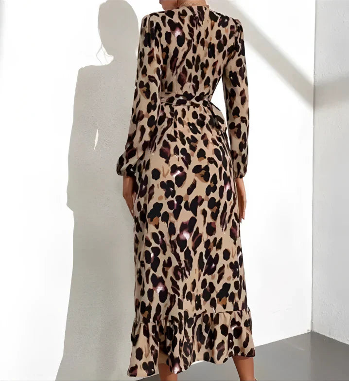 V-Ausschnitt A-Linie Langarm Midi Kleid mit Leopardenmuster für Damen – Stilvolles Festliches Kleid aus Baumwollmischung