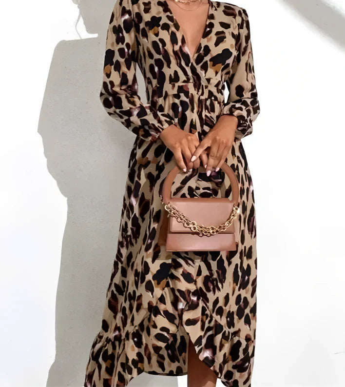 V-Ausschnitt A-Linie Langarm Midi Kleid mit Leopardenmuster für Damen – Stilvolles Festliches Kleid aus Baumwollmischung