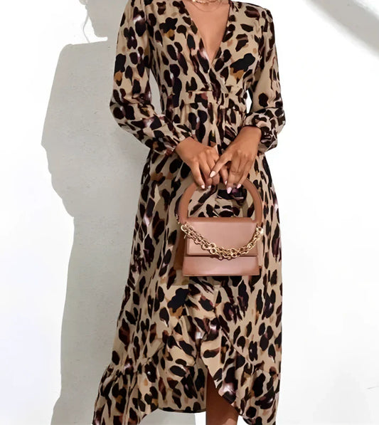 V-Ausschnitt A-Linie Langarm Midi Kleid mit Leopardenmuster für Damen – Stilvolles Festliches Kleid aus Baumwollmischung