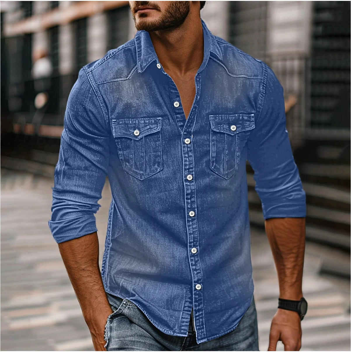Klassisches Herrenhemd mit Brusttaschen, Strukturierter Passform, Herren Hemden Langarm in Denim erhältlich