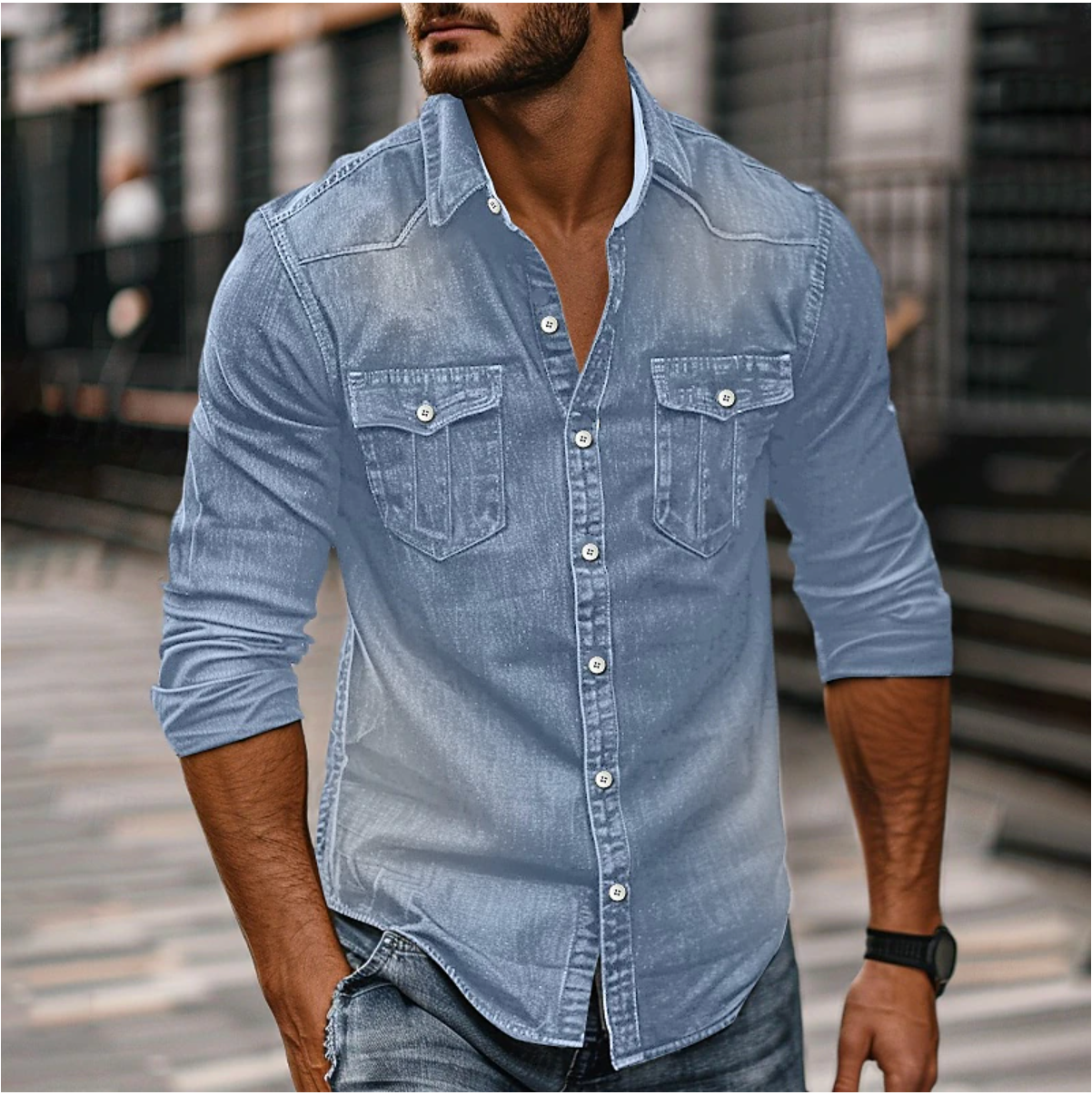 Klassisches Herrenhemd mit Brusttaschen, Strukturierter Passform, Herren Hemden Langarm in Denim erhältlich
