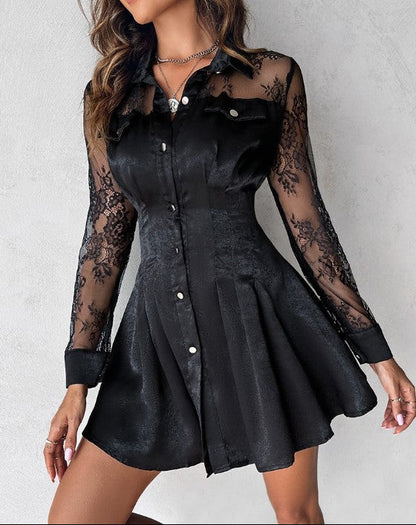 Langärmeliges Schwarzes Kleid Damen mit Spitzenkontrast – Schmeichelhafte Silhouette für Arbeit und Freizeit