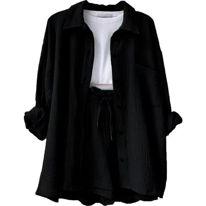 Variant image for Zweiteiliger Modeanzug für Frauen mit Falten-Revers-Hemd und hoch taillierten Shorts, stilvoll und bequem für jeden Anlass-6
