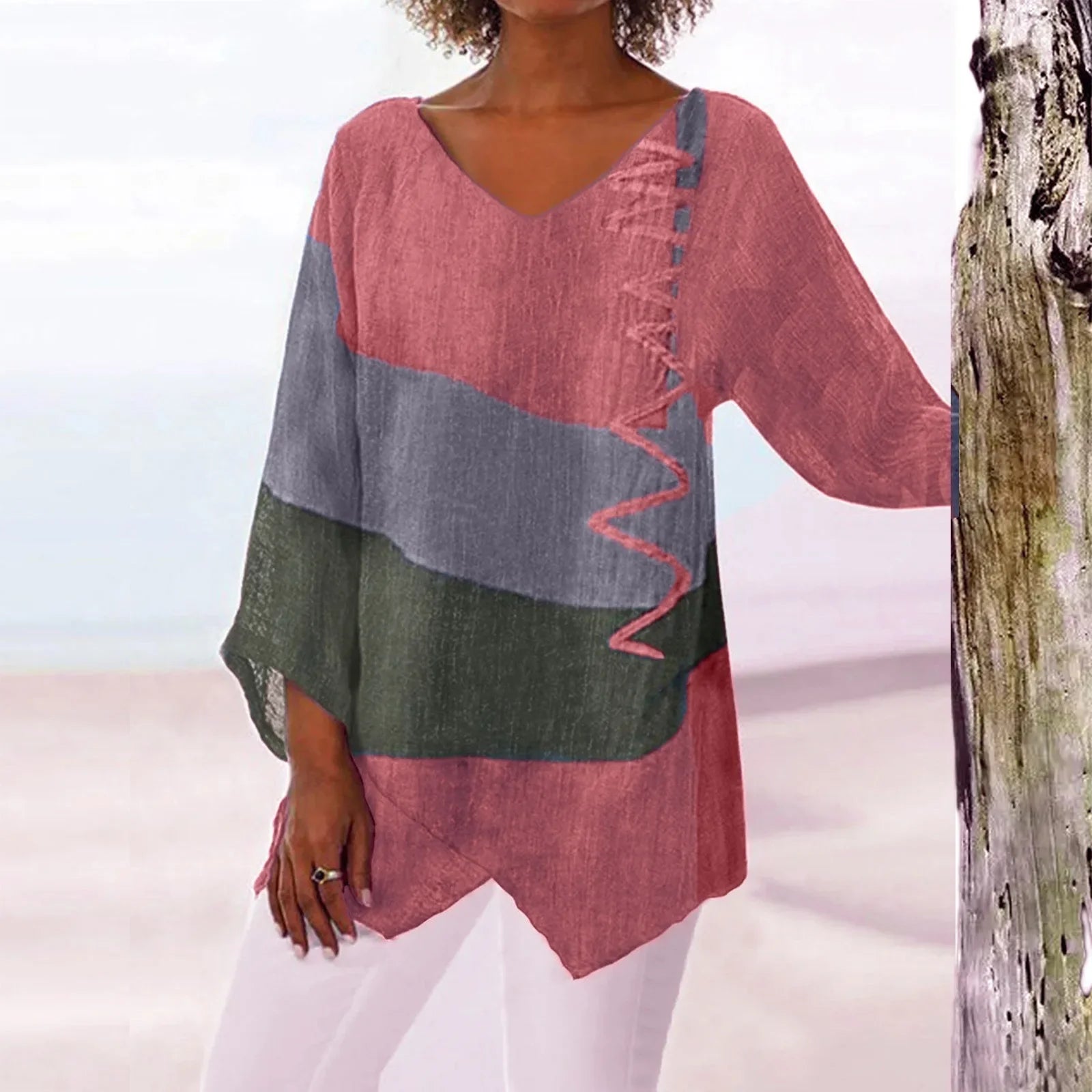 Variant image for Damen T-Shirt Langarmshirt mit V-Ausschnitt im Patchwork-Stil – Trendige Oberteile für jeden Anlass-19