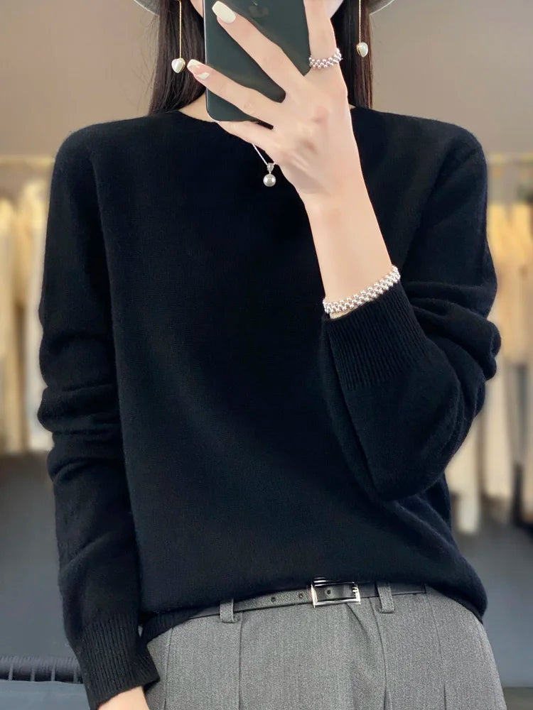 Variant image for Purer Merino Wollpullover Damen - Herbst Winter O-Neck-13