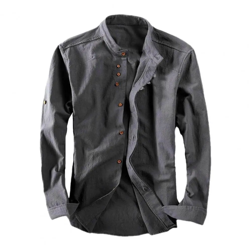 Variant image for Herren Hemd Langarm Einfarbig Vintage Slim Fit mit Stehkragen und Knöpfen - Herrenhemden Langarm für Jede Gelegenheit-6