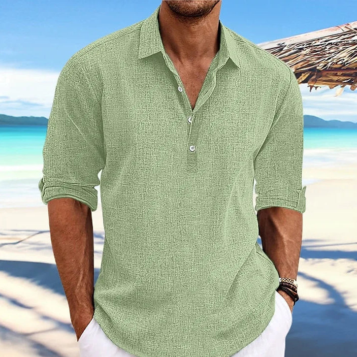 Baumwoll-Leinen Langarm Hemd für Herren - Casual Strandhemd mit Turn-Down-Kragen für Streetwear