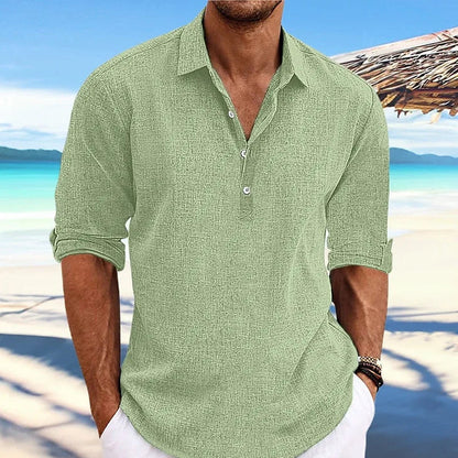 Baumwoll-Leinen Langarm Hemd für Herren - Casual Strandhemd mit Turn-Down-Kragen für Streetwear