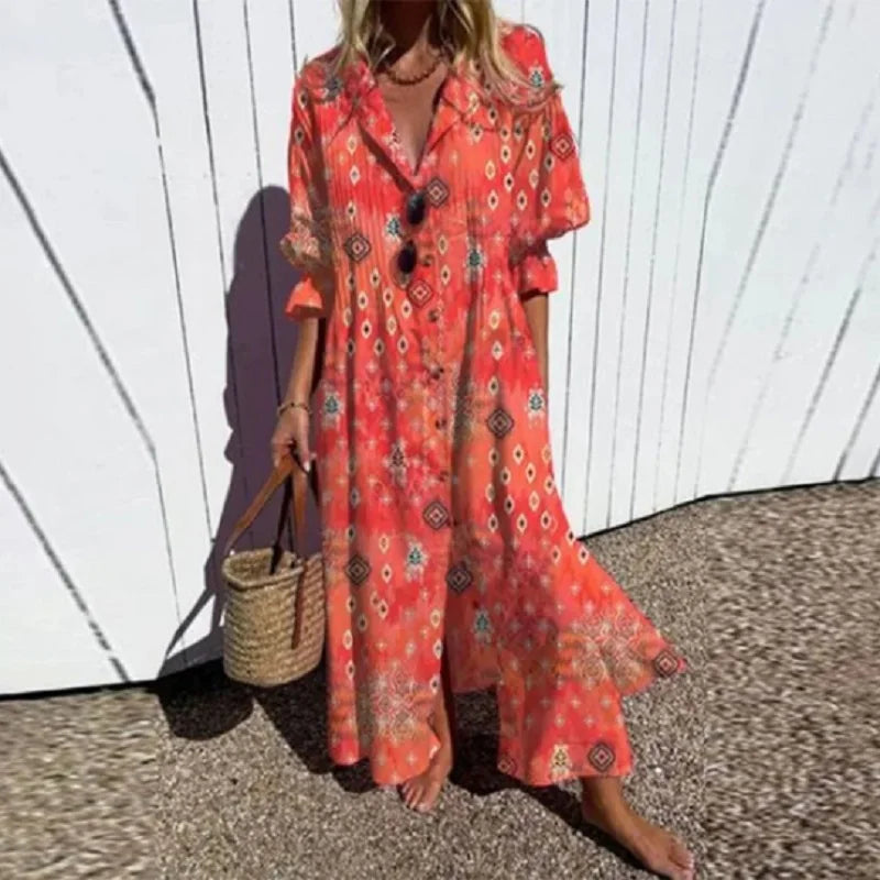 Boho Blumenmaxikleid Damen, Eleganter Tiefer V-Ausschnitt, Fließende Silhouette, Leichtes Sommer Maxikleid