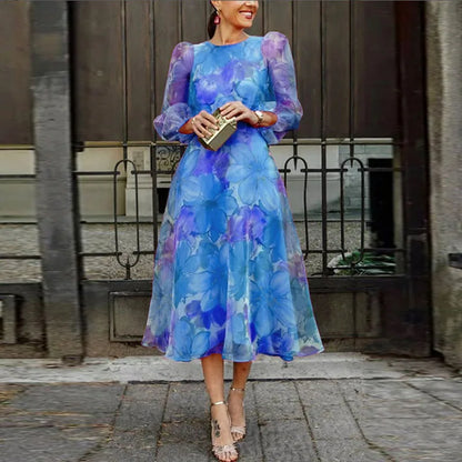 Women’s Floral Long-Sleeve Midi Dress Elegant Flowing Fit