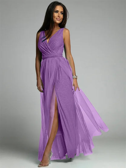 Variant image for Elegantes Ärmelloses Cocktailkleid Mit V-Ausschnitt Und Schlitzsaum, Plus Größe, Ideal Für Hochzeiten Als Gast-16