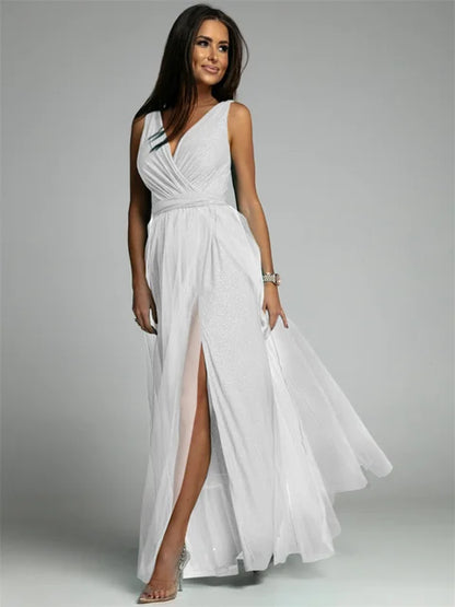 Elegantes Ärmelloses Cocktailkleid Mit V-Ausschnitt Und Schlitzsaum, Plus Größe, Ideal Für Hochzeiten Als Gast