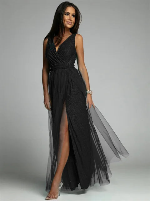 Elegantes Ärmelloses Cocktailkleid Mit V-Ausschnitt Und Schlitzsaum, Plus Größe, Ideal Für Hochzeiten Als Gast