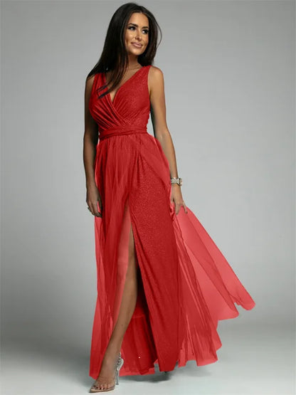 Variant image for Elegantes Ärmelloses Cocktailkleid Mit V-Ausschnitt Und Schlitzsaum, Plus Größe, Ideal Für Hochzeiten Als Gast-21