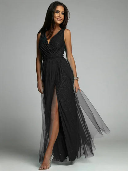 Elegantes Ärmelloses Cocktailkleid Mit V-Ausschnitt Und Schlitzsaum, Plus Größe, Ideal Für Hochzeiten Als Gast