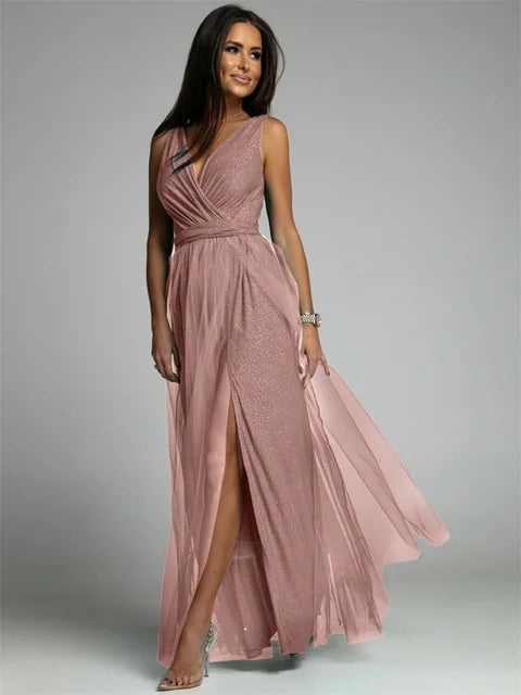 Elegantes Ärmelloses Cocktailkleid Mit V-Ausschnitt Und Schlitzsaum, Plus Größe, Ideal Für Hochzeiten Als Gast