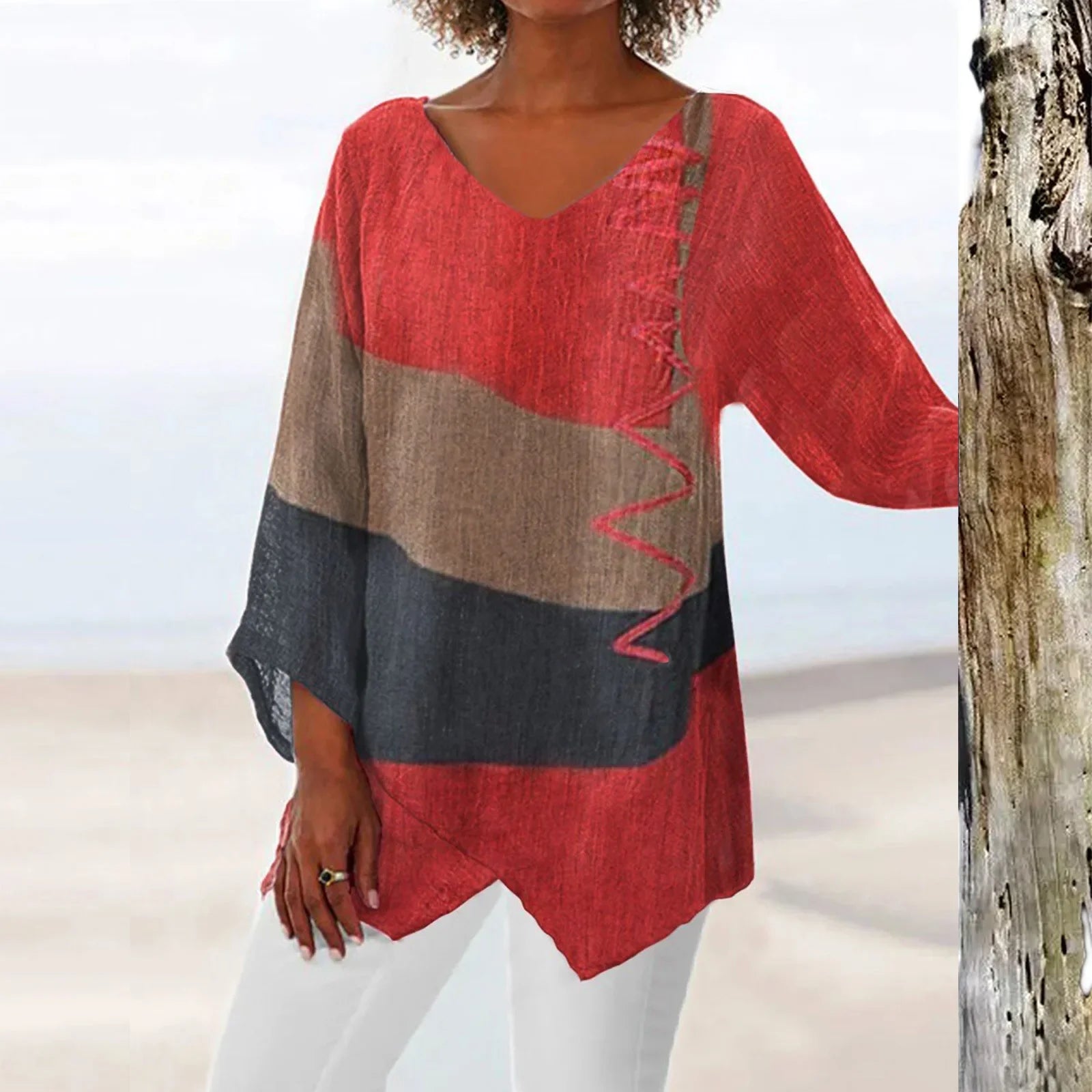 Damen T-Shirt Langarmshirt mit V-Ausschnitt im Patchwork-Stil – Trendige Oberteile für jeden Anlass-3
