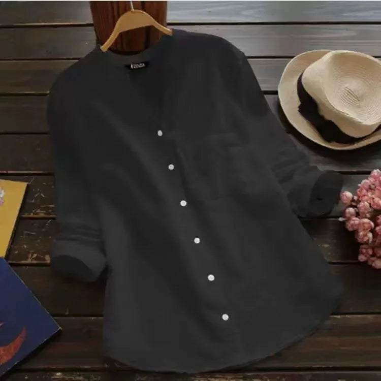 Lässige Retro Baumwoll-Leinen V-Ausschnitt Strickjacke Damen - Feste Farben für den Herbst - Strickjacken Damen-4
