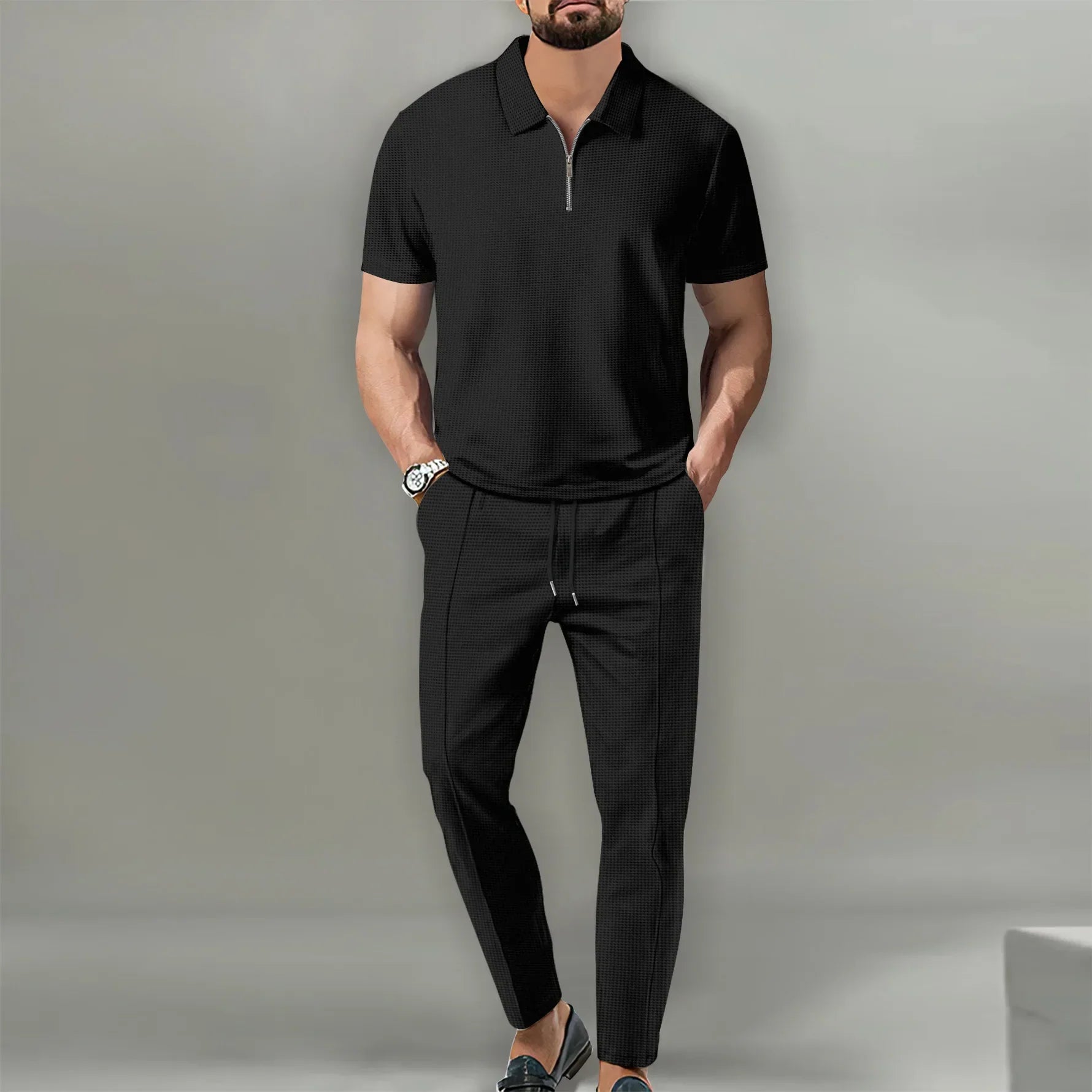 Herren Polo Shirts Set - Lässiger Chic Atmungsaktives Polo Und Verstellbare Hose Für Komfort Und Stil-4