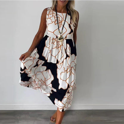 Blumen-Maxikleid Damen, Ärmeloses Langes Kleid Aus Atmungsaktivem Stoff Mit Boatneck-Ausschnitt, Festlich Und Sommerlich