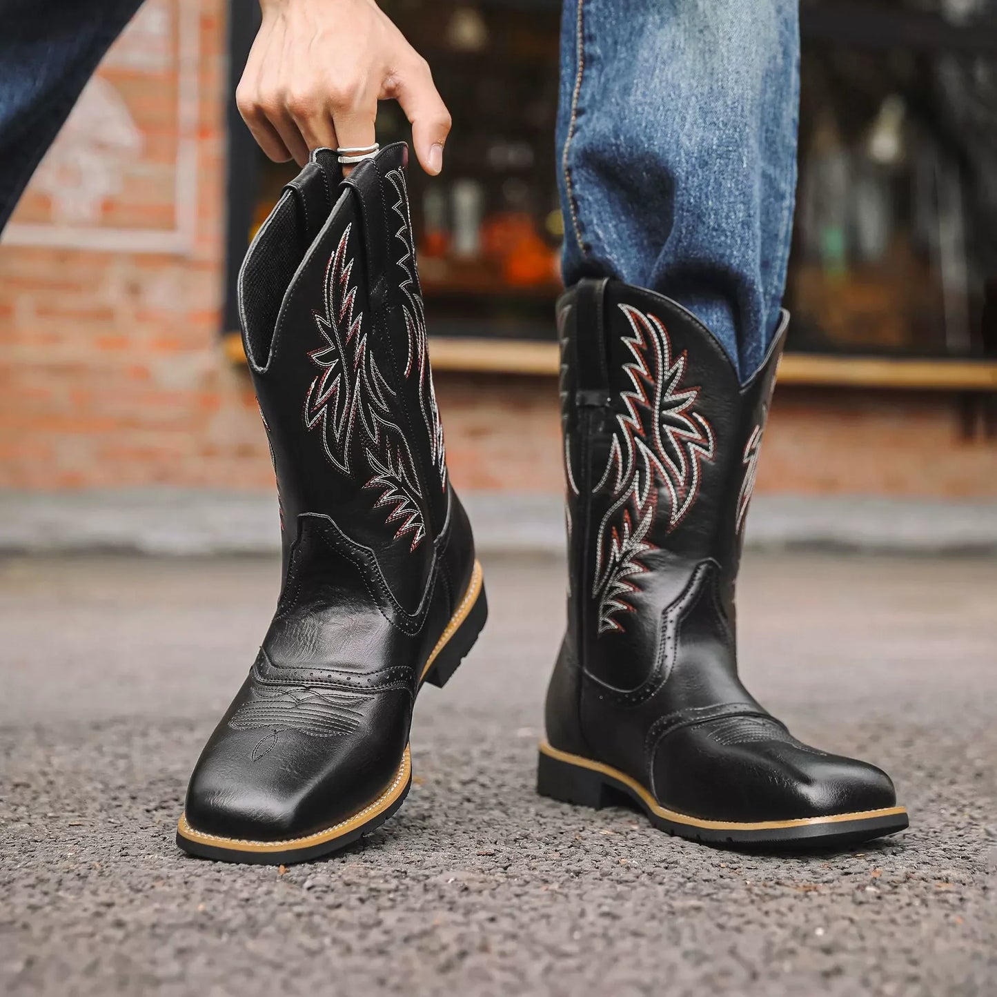 Men’s Western Cowboy Boots Embroidered Classic Mid-Calf Square Toe