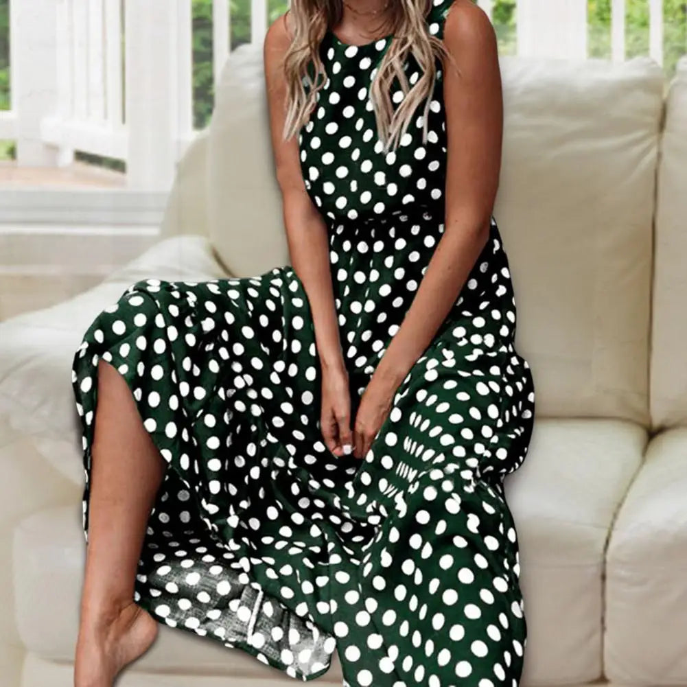 Women’s Polka Dot Maxi Dress Flowing Sleeveless Casual Look